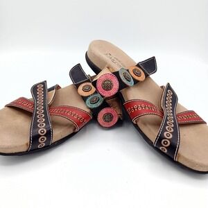 L'Artiste Spring Step Shoes Womens Size 8.5 Black Red Multi Strap Sandal Leather